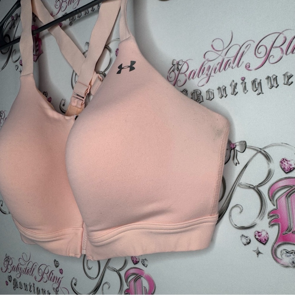 Under armour bra sports peach pink orange pastel logo silver criss cross support - Picture 7 of 9